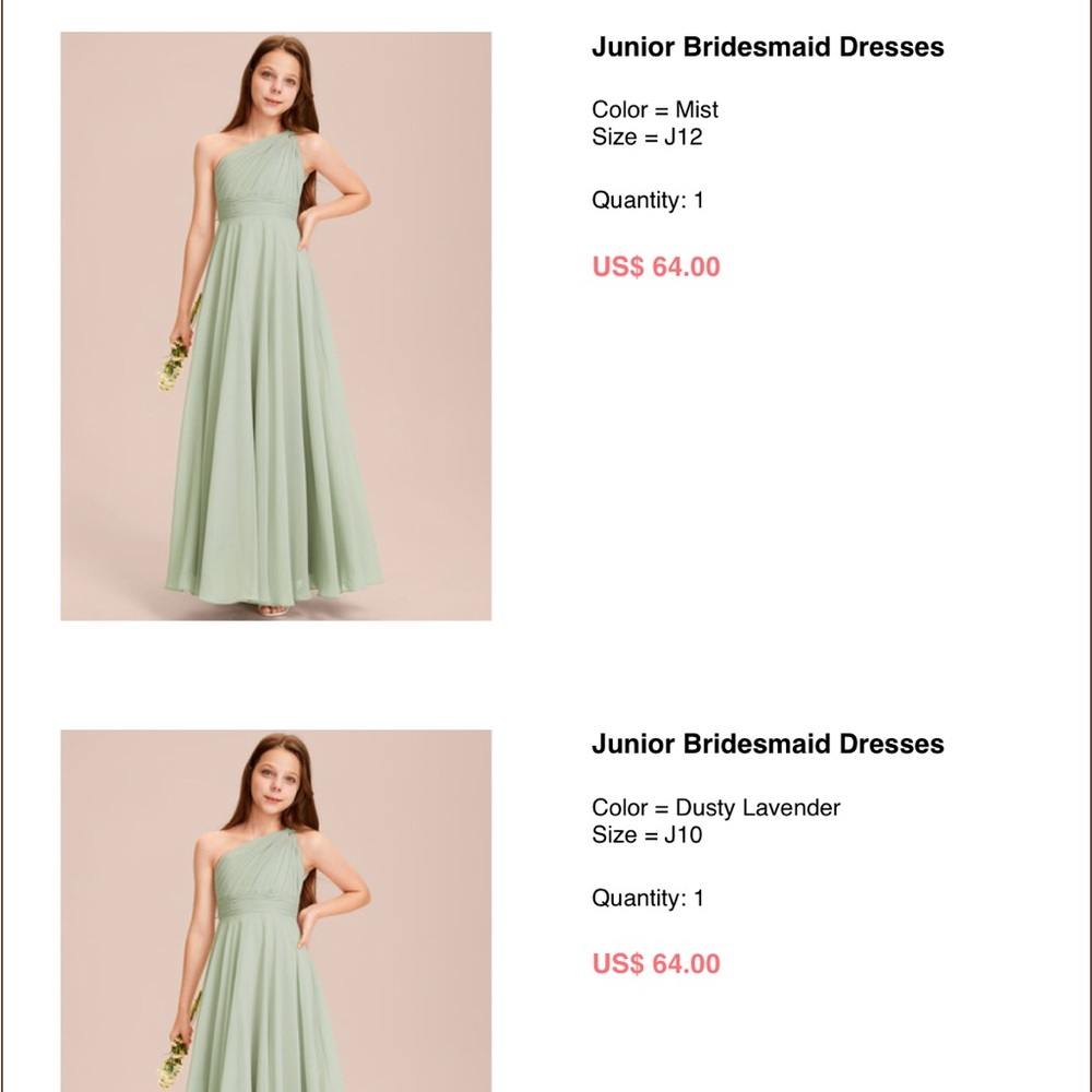 Junior bridesmaids dresses - size 10 lavender & size 12 blue mist.